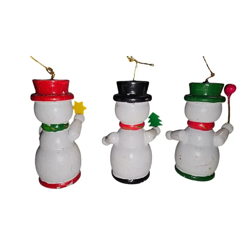 Vintage Set of 3 Hand Painted Wooden Snowman Ornaments Look Red Green Black Hats